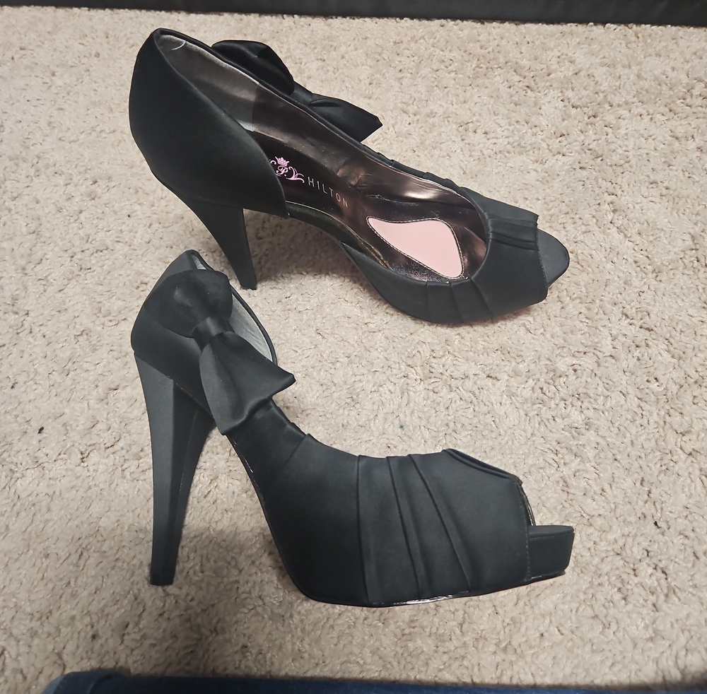 Paris HILTON Black Bow Peep-Toe High Heels - Women's Dress Pumps